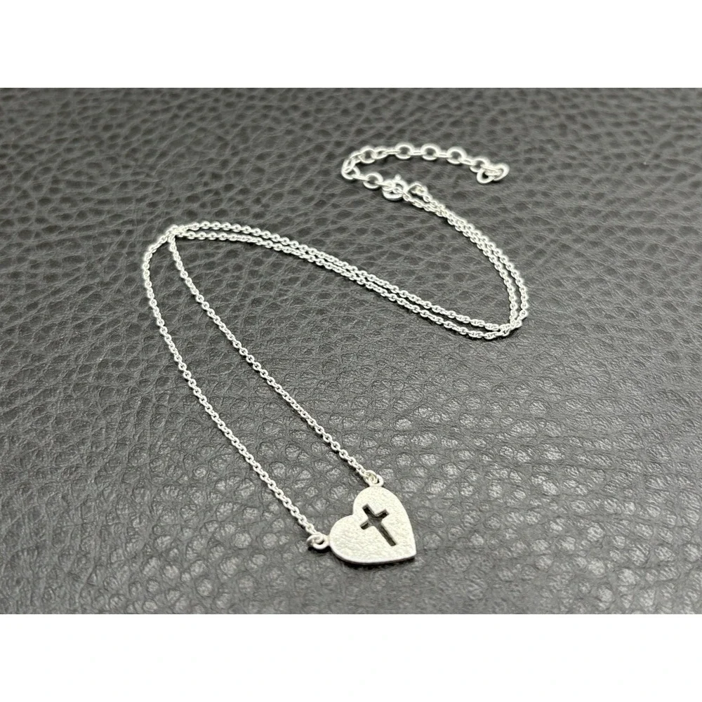 Sterling Silver 925 Heart Cross Pendant Chain Necklace Religious 16